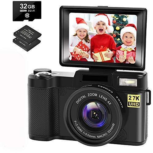 Digital Camera Vlogging Camera with YouTube 30MP Full HD 2.7K Vlog Camera with Flip Screen 180° Rotation with 32GB Memory Card and 2 Batteries （Focus Fixed） Discount