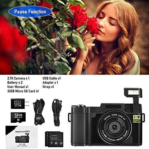 Digital Camera Vlogging Camera with YouTube 30MP Full HD 2.7K Vlog Camera with Flip Screen 180° Rotation with 32GB Memory Card and 2 Batteries （Focus Fixed） Discount