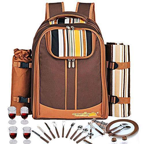 Picnic Backpack Bag for 4 Person With Cooler Compartment, Detachable Bottle Wine Holder, Fleece Blanket, Plates and Cutlery Set Perfect for Outdoor, Sports, Hiking, Camping, BBQs(Coffee) Discount