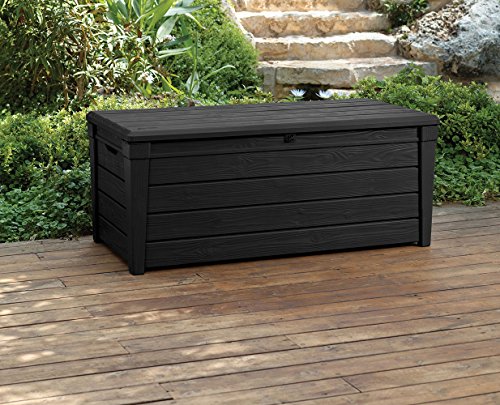 Keter Brightwood 120 Gallon Resin Large Deck Box for Patio Garden Furniture, Outdoor Cushion Storage, Pool Accessories, and Toys, Grey Online Hot Sale