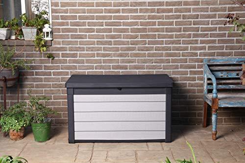 KETER Denali 100 Gallon Resin Large Deck Box-Organization and Storage for Patio Furniture, Outdoor Cushions, Garden Tools and Pool Toys, Grey Black Supply