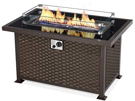 U-MAX 44in Outdoor Propane Gas Fire Pit Table, 50,000 BTU Auto-Ignition Gas Firepit with Glass Wind Guard, Black Tempered Glass Tabletop & Blue Glass Rock, Brown PE Rattan, CSA Certification Online Hot Sale