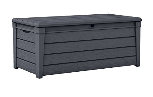 Keter Brightwood 120 Gallon Resin Large Deck Box for Patio Garden Furniture, Outdoor Cushion Storage, Pool Accessories, and Toys, Grey Online Hot Sale