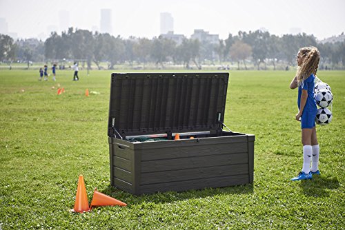 Keter Brightwood 120 Gallon Resin Large Deck Box for Patio Garden Furniture, Outdoor Cushion Storage, Pool Accessories, and Toys, Grey Online Hot Sale