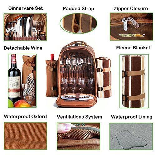 Picnic Backpack Bag for 4 Person With Cooler Compartment, Detachable Bottle Wine Holder, Fleece Blanket, Plates and Cutlery Set Perfect for Outdoor, Sports, Hiking, Camping, BBQs(Coffee) Discount